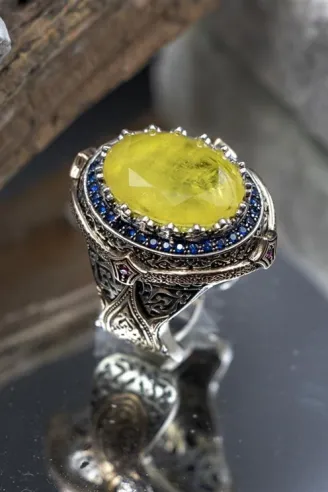 Sarı Paraiba Taşlı Lale Desenli Erkek Gümüş Yüzük GYZYZKEND10-SRI