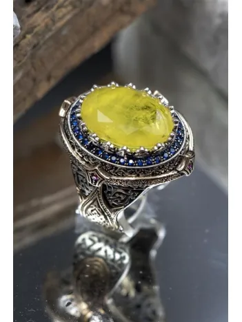 Sarı Paraiba Taşlı Lale Desenli Erkek Gümüş Yüzük GYZYZKEND10-SRI