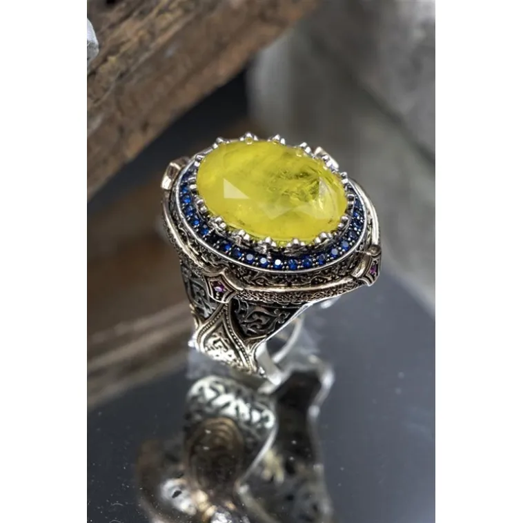 Sarı Paraiba Taşlı Lale Desenli Erkek Gümüş Yüzük GYZYZKEND10-SRI Sarı Paraiba Taşlı Lale Desenli Erkek Gümüş Yüzük GYZYZKEND10-SRI