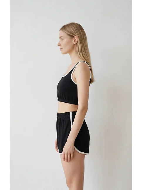 Kadın Siyah Askılı Crop Top Ve Şortlu Gecelik Takım