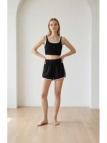 Kadın Siyah Askılı Crop Top Ve Şortlu Gecelik Takım