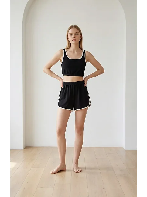 Kadın Siyah Askılı Crop Top Ve Şortlu Gecelik Takım
