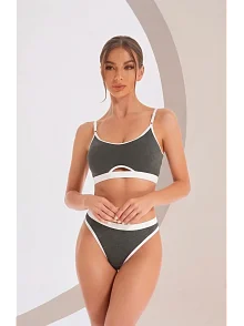 Kadın Gri Antrasit Kaşkorse Ve Beyaz Lastikli Cut-out Tanga Külotlu Takım – Modern, Konforlu