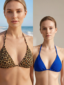 Kadın Leopar Desenli Ve Mavi Minimal Kesim Üçgen Bikini Üstü – Modern Ve Şık Tasarım