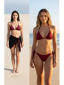 Kadın Bordo Siyah Pareolu Yandan Ve Boyundan Bağlamalı 3'lü Bikini Takımı – Modern, Konforlu Ve Günlük Kombinlere Uygun
