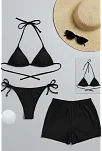 Kadın 3'lü Set Siyah Şortlu Ve Yandan Bağlamalı Bikini Mayo Takımı Kadın 3'lü Set Siyah Şortlu Ve Yandan Bağlamalı Bikini Mayo Takımı