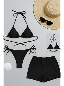Kadın 3'lü Set Siyah Şortlu Ve Yandan Bağlamalı Bikini Mayo Takımı