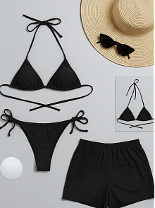Kadın 3'lü Set Siyah Şortlu Ve Yandan Bağlamalı Bikini Mayo Takımı