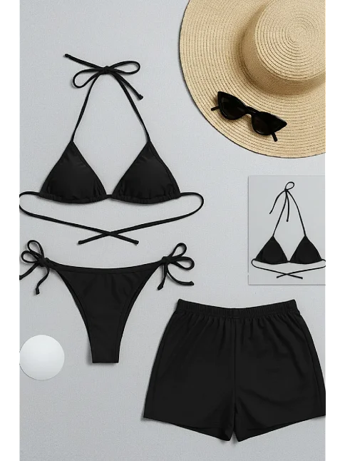 Kadın 3'lü Set Siyah Şortlu Ve Yandan Bağlamalı Bikini Mayo Takımı Kadın 3'lü Set Siyah Şortlu Ve Yandan Bağlamalı Bikini Mayo Takımı