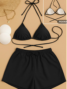 Kadın 3'lü Set Siyah Şortlu Ve Yandan Bağlamalı Bikini Mayo Takımı Kadın 3'lü Set Siyah Şortlu Ve Yandan Bağlamalı Bikini Mayo Takımı