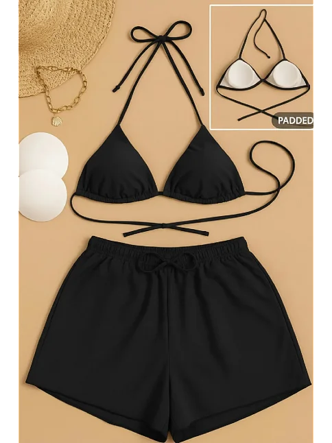 Kadın 3'lü Set Siyah Şortlu Ve Yandan Bağlamalı Bikini Mayo Takımı Kadın 3'lü Set Siyah Şortlu Ve Yandan Bağlamalı Bikini Mayo Takımı