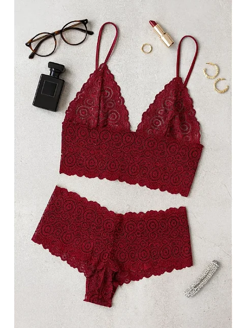 Kadın Bordo Dantel Bralet Şort Takımı – Asil Ve Sofistike İç Giyim