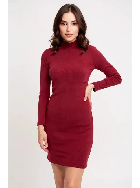Kadın Bordo Kaşkorse Balıkçı Yaka Uzun Kollu Bodycon Mini Elbise – Şık, Rahat Ve 4 Mevsim