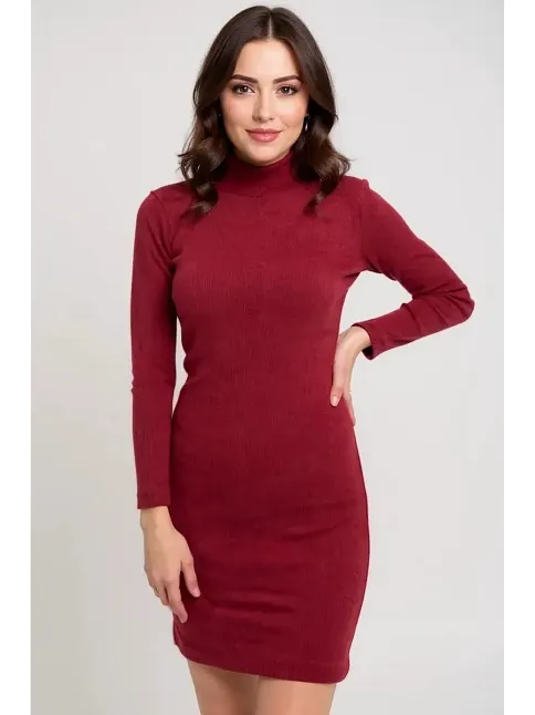 Kadın Bordo Kaşkorse Balıkçı Yaka Uzun Kollu Bodycon Mini Elbise – Şık, Rahat Ve 4 Mevsim
