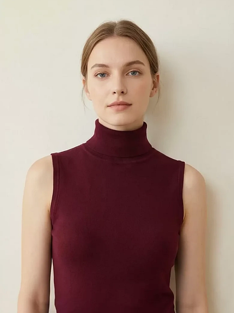 Kadın Bordo Kolsuz Balıkçı Yaka Basic Bluz