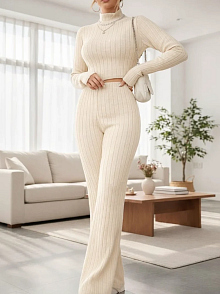 Kadın Ekru Çizgili Boğazlı Crop Top Ve Yüksek Bel Eşofman Takımı Spor Şık Kombin