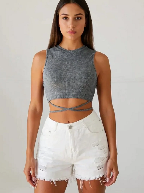 Kadın Gri Çapraz Bağlamalı Crop Top Büstiyer – Modern Ve Şık Tasarım