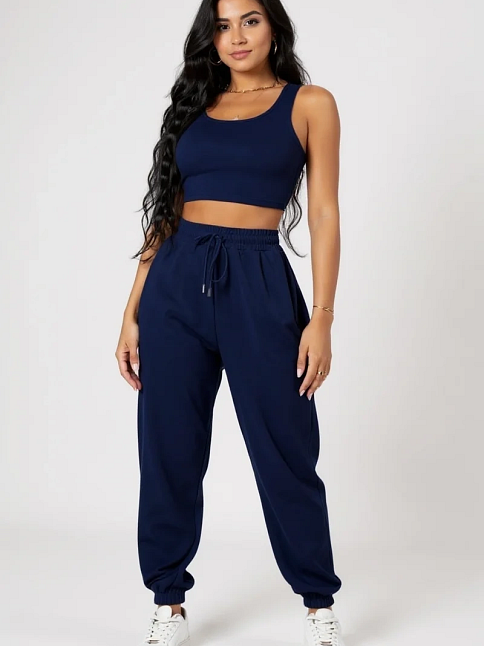 Kadın Lacivert Kaşkorse Cepli Jogger Eşofman Altı Ve Crop Top Bluz – Şık, Rahat Ve Kolay Kombinlenebilir