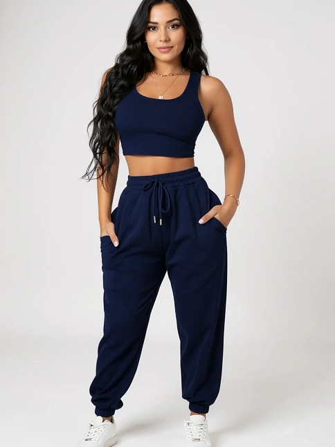 Kadın Lacivert Kaşkorse Cepli Jogger Eşofman Altı Ve Crop Top Bluz – Şık, Rahat Ve Kolay Kombinlenebilir