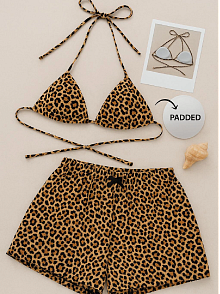 Kadın Leopar Desenli Şortlu Belden Ve Boyundan Bağlamalı Bikini Takımı