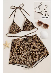 Kadın Leopar Desenli Şortlu Belden Ve Boyundan Bağlamalı Bikini Takımı Kadın Leopar Desenli Şortlu Belden Ve Boyundan Bağlamalı Bikini Takımı