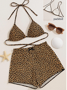 Kadın Leopar Desenli Şortlu Belden Ve Boyundan Bağlamalı Bikini Takımı Kadın Leopar Desenli Şortlu Belden Ve Boyundan Bağlamalı Bikini Takımı