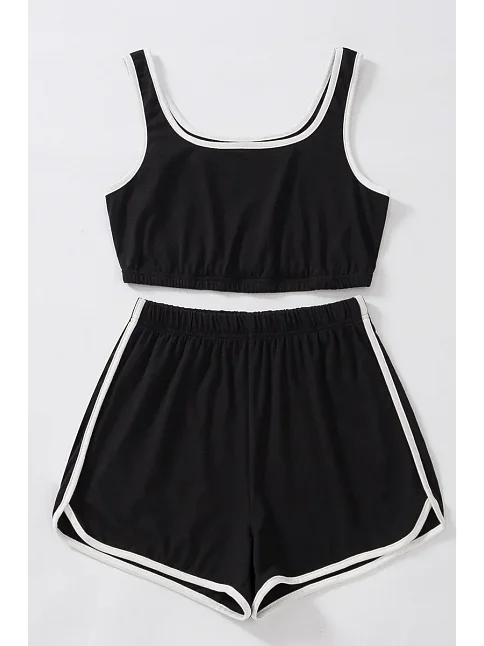 Kadın Siyah Askılı Crop Top Ve Şortlu Gecelik Takım