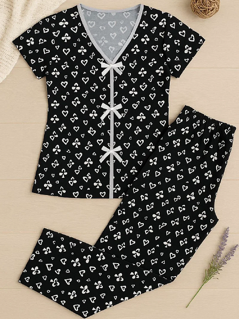 Kadın Siyah Beyaz Kalp Desenli Fiyonklu Kısa Kollu Pijama Takımı – Rahat, Şık Ve 4 Mevsim Kullanım Kadın Siyah Beyaz Kalp Desenli Fiyonklu Kısa Kollu Pijama Takımı – Rahat, Şık Ve 4 Mevsim Kullanım