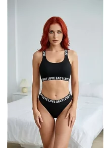 Kadın Siyah Çapraz Sırt Ve Love Lastik Detaylı Sütyen Külot Takım