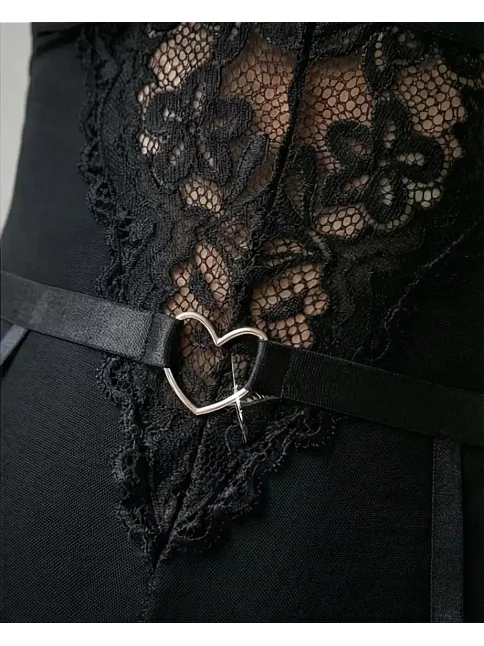 Kadın Siyah Dantel Jartiyerli Bodysuit Gecelik - Kemer Detaylı