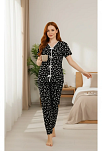Kadın Siyah Kalp Desenli Fiyonklu Kısa Kollu Uzun Pijama Takımı
