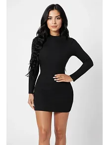 Kadın Siyah Kaşkorse Balıkçı Yaka Uzun Kollu Bodycon Mini Elbise
