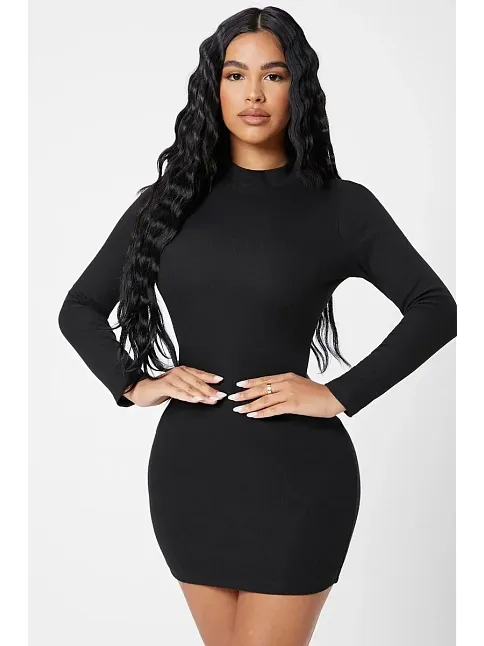 Kadın Siyah Kaşkorse Balıkçı Yaka Uzun Kollu Bodycon Mini Elbise Kadın Siyah Kaşkorse Balıkçı Yaka Uzun Kollu Bodycon Mini Elbise