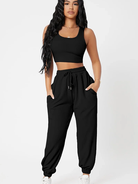 Kadın Siyah Kaşkorse Cepli Jogger Eşofman Altı Ve Crop Top Bluz