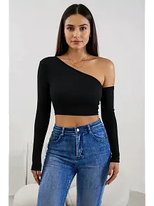 Kadın Siyah Tek Omuz Detaylı Uzun Kol Crop Top Bluz – Şık, Rahat Ve Kolay Kombinlenebilir