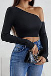 Kadın Siyah Tek Omuz Detaylı Uzun Kol Crop Top Bluz – Şık, Rahat Ve Kolay Kombinlenebilir