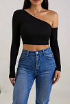 Kadın Siyah Tek Omuz Detaylı Uzun Kol Crop Top Bluz – Şık, Rahat Ve Kolay Kombinlenebilir