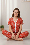 Kadın Turuncu Kalp Desenli Fiyonklu Kısa Kollu Uzun Pijama Takımı Kadın Turuncu Kalp Desenli Fiyonklu Kısa Kollu Uzun Pijama Takımı