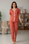 Kadın Turuncu Kalp Desenli Fiyonklu Kısa Kollu Uzun Pijama Takımı Kadın Turuncu Kalp Desenli Fiyonklu Kısa Kollu Uzun Pijama Takımı