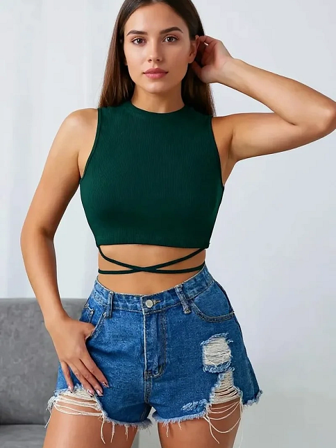 Kadın Yeşil Çapraz Bağlamalı Crop Top Büstiyer – Modern Ve Şık Tasarım