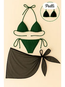 Kadın Yeşil Siyah Pareolu Yandan Ve Boyundan Bağlamalı 3'lü Bikini Takımı – Modern, Konforlu Ve Günlük Kombinlere Uygun