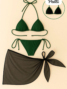 Kadın Yeşil Siyah Pareolu Yandan Ve Boyundan Bağlamalı 3'lü Bikini Takımı – Modern, Konforlu Ve Günlük Kombinlere Uygun