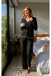Premium Kadın Fitilli Pijama Takımı – Siyah Gold Biye Detaylı, Yumuşak Dokulu Ev Şıklığı