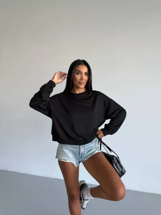 2 İplik Bisiklet Yaka Sweat Siyah F2339