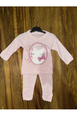 3-12 aylık kedi desen işlemeli takım pembe