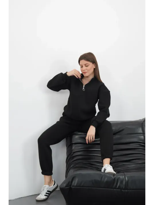 3 İplik İçi Şardonlu Yarım Fermuarlı Alt Üst Takım Siyah