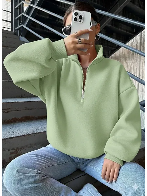 3 İplik Şardonlu Yarım Fermuarlı Sweatshirt Mint