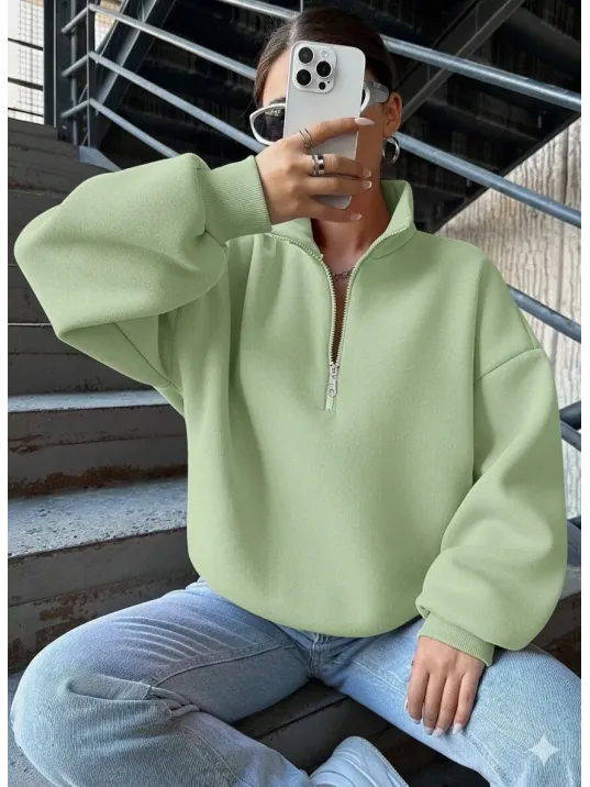 3 İplik Şardonlu Yarım Fermuarlı Sweatshirt Mint