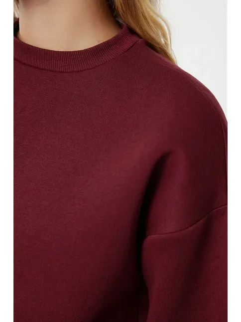 3 İplik Şardonlu Bisiklet Yaka Sweatshirt Bordo