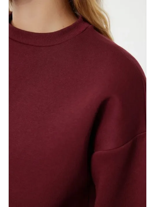 3 İplik Şardonlu Bisiklet Yaka Sweatshirt Bordo